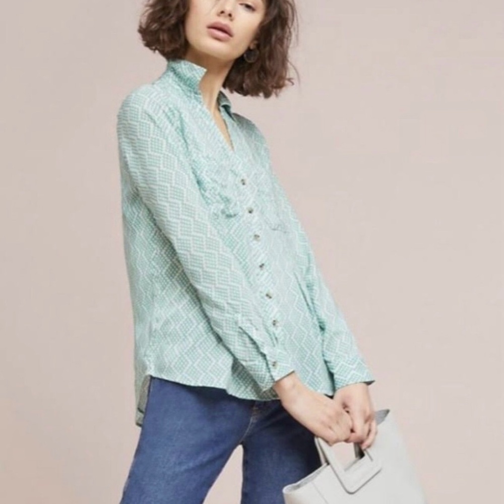 Anthropologie Light‎ Green Patterned Button Down Shirt